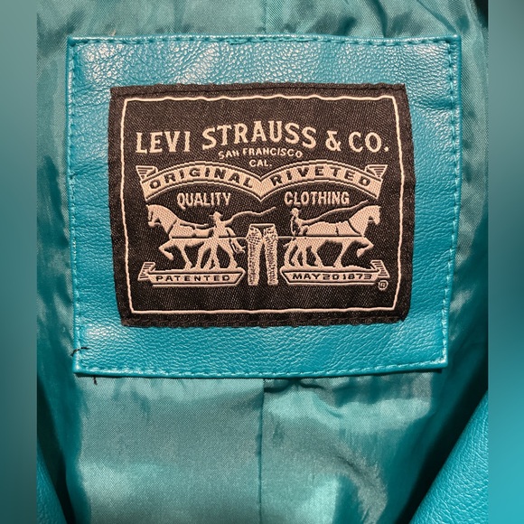 Levi's Motorcycle Jacket Women' Size S Teal Blue Faux Leather Belted Buckle Moto - Picture 5 of 9